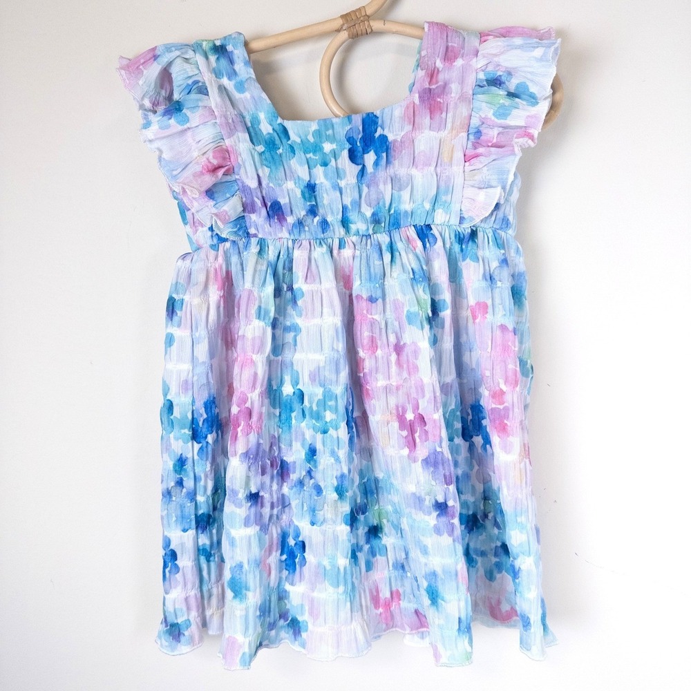 Zara‎ Floral Smocked Ruffle Dress Baby Girls 18-24 Months Blue Pink Watercolor